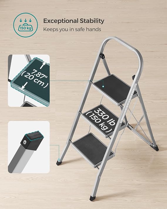 SONGMICS Step Ladder, 3-Step Ladder, Folding Ladder, Safety Lock, Space-Saving Storage, Holds up to 150 kg, Dove Grey GSL003GY01