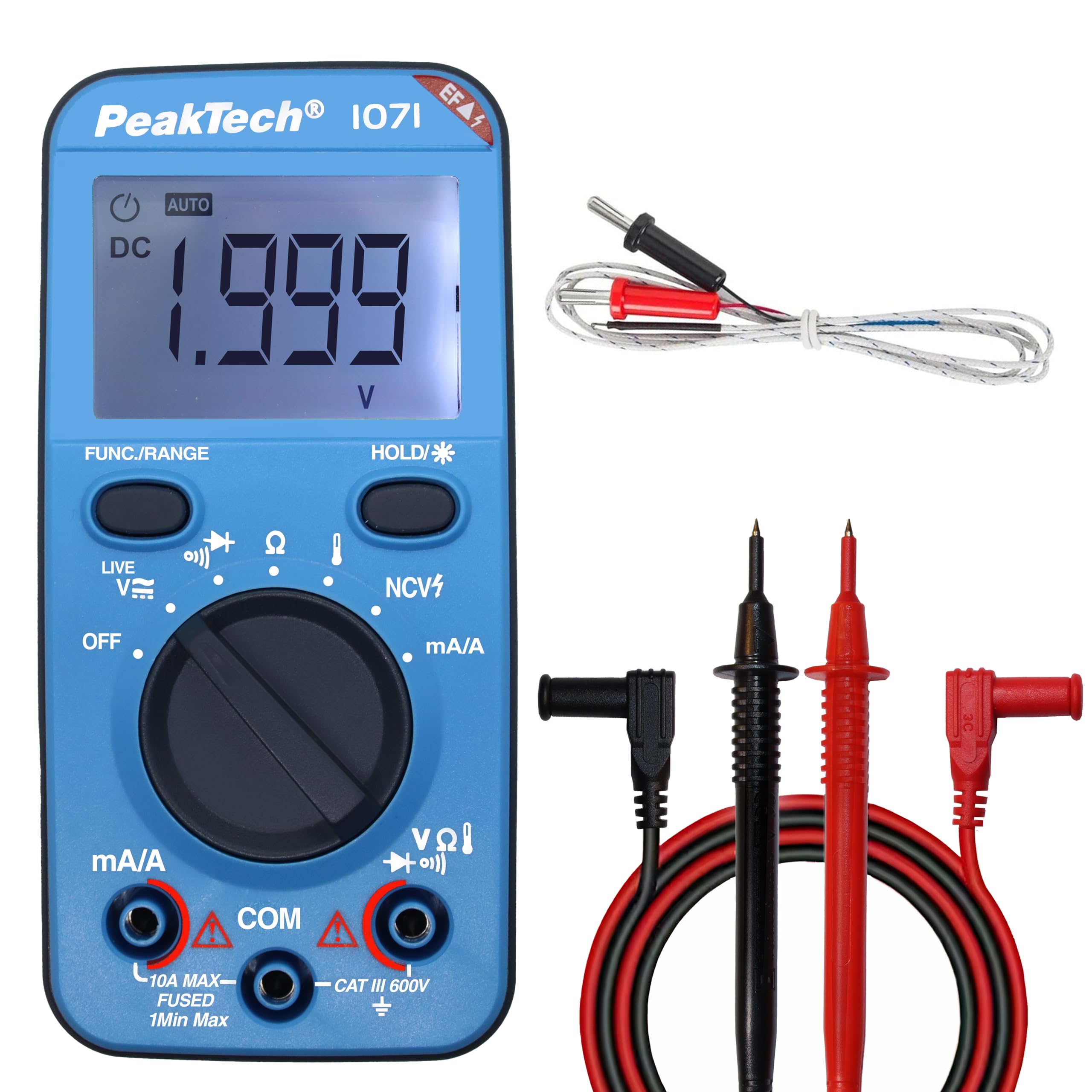 PeakTech P1071 - Multimetro digitale 10A AC/DC con funzione Auto-Range - Multimetro digitale di alta qualità con display LCD a 2.000 conteggi - Robusto amperometro fino a 600V - CAT III 600V