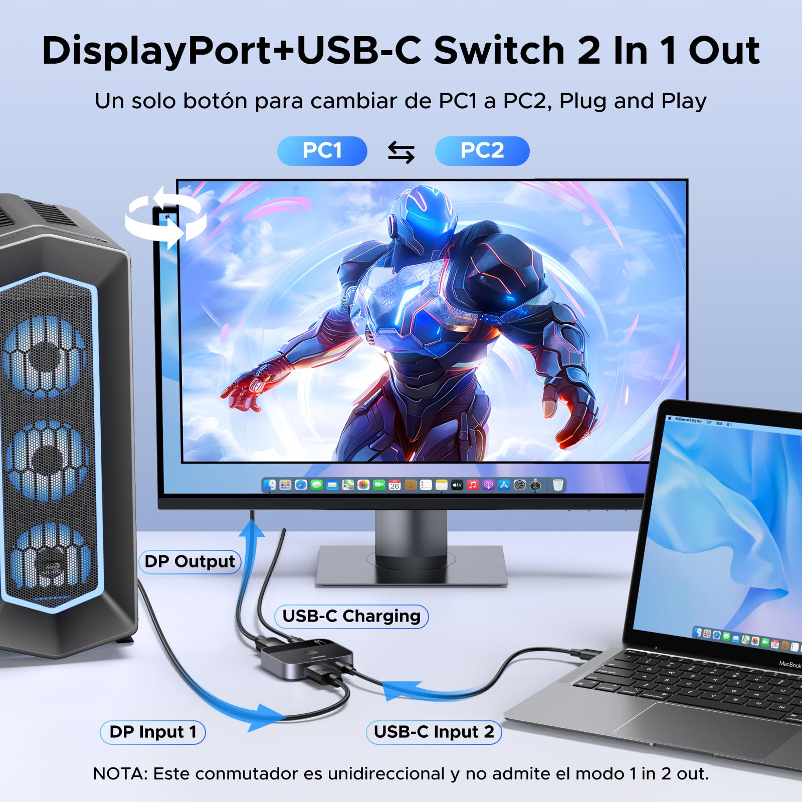 UGREEN Switch DisplayPort USB C 8K60Hz 2 Entradas 1 Salida DP 1.4 Conmutador USB C DisplayPort Soporta 3D HDR10+ HDCP2.3 Alta Resolución Compatible con PC PS5 4 Xbox One X Series, Steam Deck