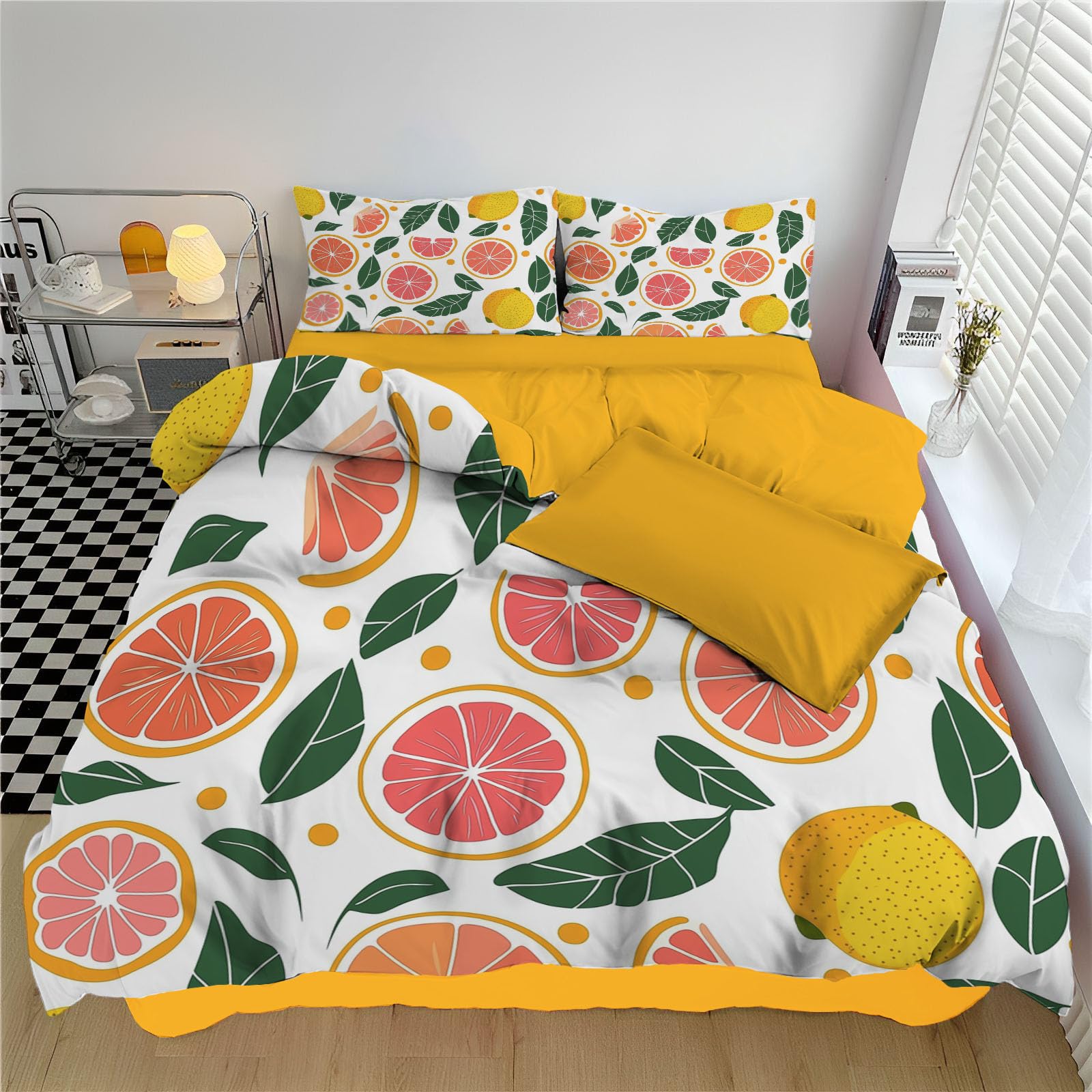 Housse de couette 220x240cm fruits avec 2 taies d'oreiller, parure de lit double face blanc