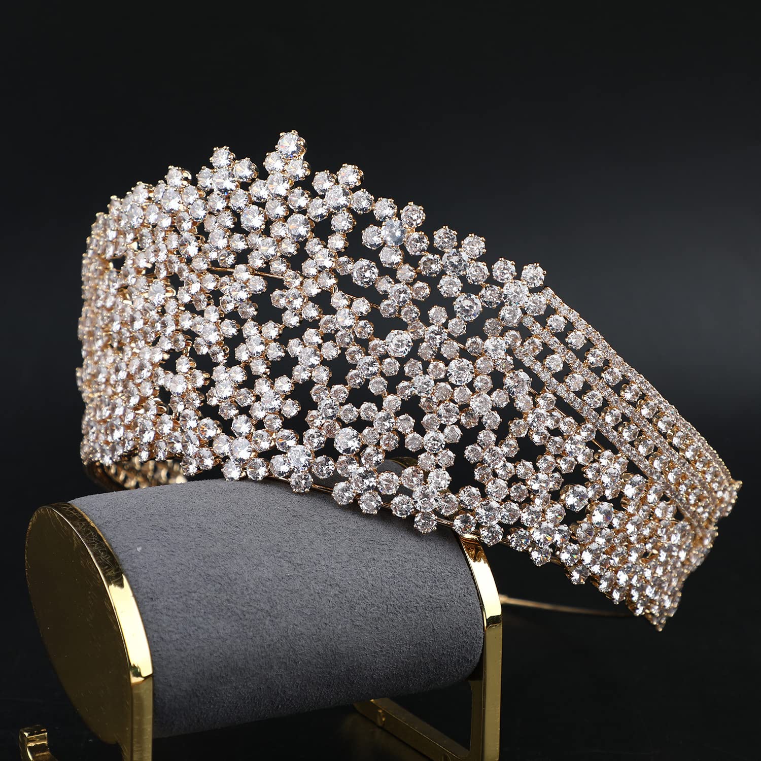 QXMYOO Tiara grande de lujo para mujer, circonita cúbica, concurso, cumpleaños, corona de reina real, tiaras altas de boda para novia, accesorios para el cabello de novia