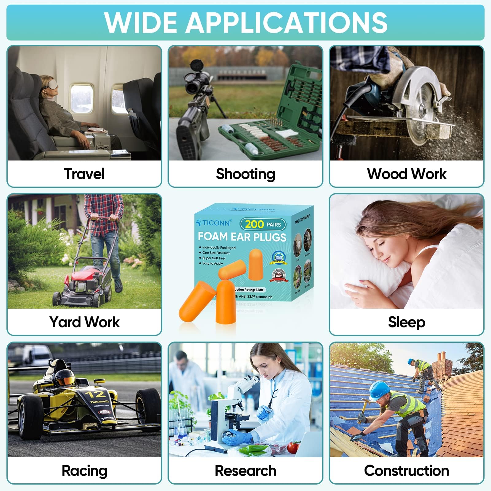 TICONN 40 Paar Ohrstöpsel, 32dB Geräuschreduzierung Ohrstöpsel zum Schlafen Gehörschutz Reise Studium Konzentration Baustelle (40 Paar)