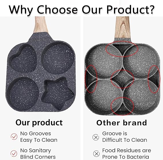 JUSTUP Nonstick Frying Pan,4-Cup Egg Pan Nonstick Divided Grill Frying Pan, 7.5 Inch Healthy Granite Egg Pan with Anti-scald Handle, Breakfast Skillet for Pancakes,Bacons (Black)