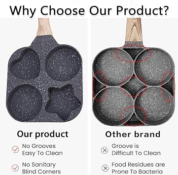 JUSTUP Nonstick Frying Pan,4-Cup Egg Pan Nonstick Divided Grill Frying Pan, 7.5 Inch Healthy Granite Egg Pan with Anti-scald Handle, Breakfast Skillet for Pancakes,Bacons (Black)