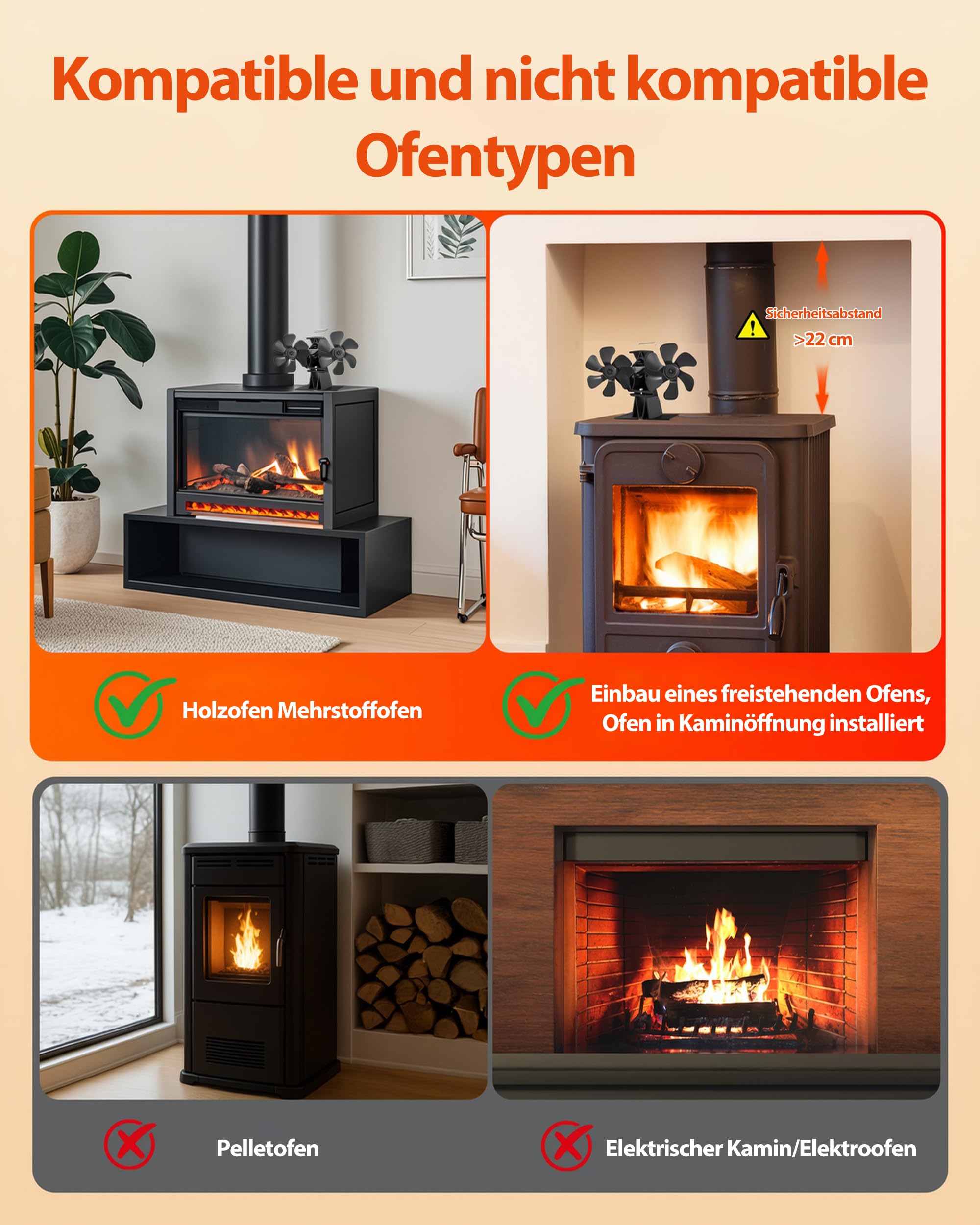 Signstek Kaminventilator ohne Strom, Wärmebetriebener Doppelter Ofenventilator für Kaminofen, Holzofen und Holzkamin (12 Blättern)