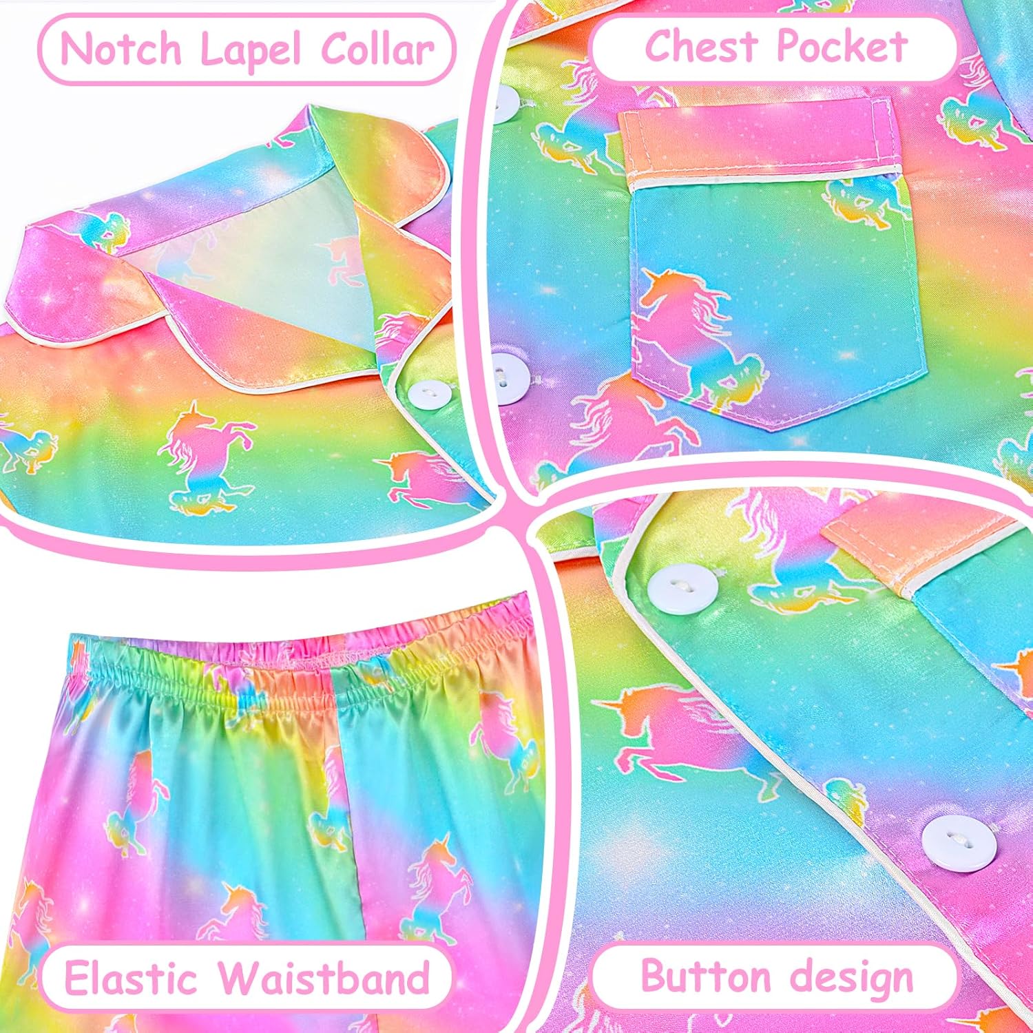 Nidoul Girls Pajamas Satin Short Sleeve Button Down Silky Pjs Girls' Sleepwear Set for Toddler Kids 3T-10Y - Image 5