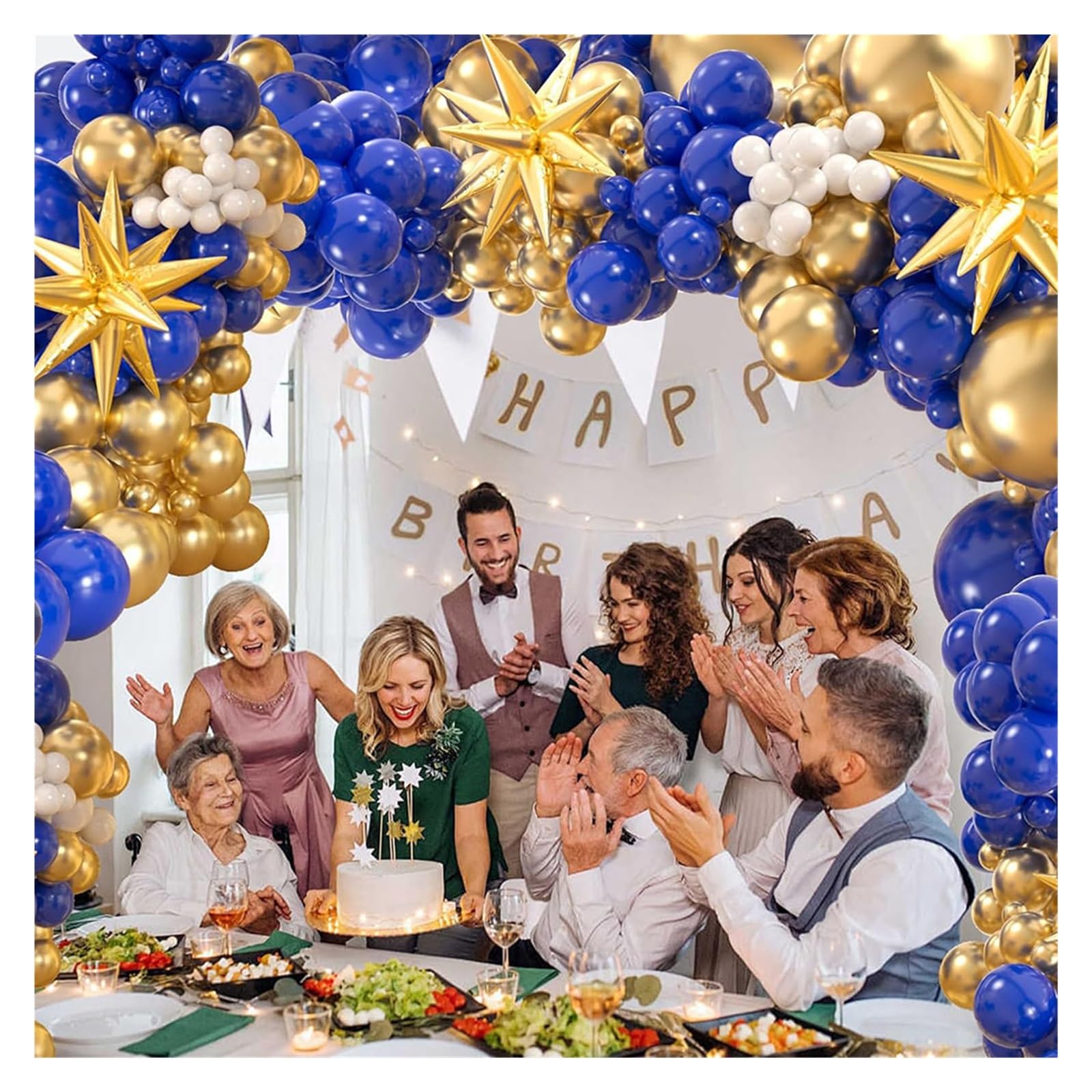 Juego De Arco Guirnalda Globos, 141 Oro Azul Y Blanco Con Globo Papel Aluminio Estrella, Adecuado for Graduación, Aniversario, Cumpleaños, Decoración Fiesta Jubilación Para Fiesta