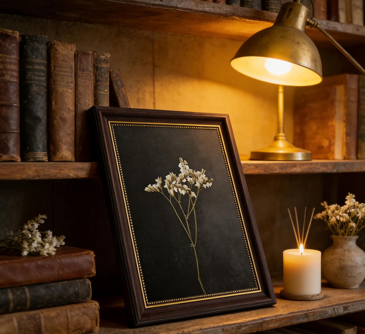 Vintage Brown Framed Flower Canvas Wall Art Retro Dark Dried Wildflower Painting Picture Wall Decor Victorian Minimalist Poster Print Artwork for Gallery Bedroom Bathroom Home Decoration 12inx16in