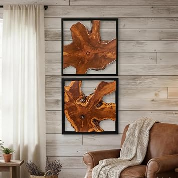 Warmaxx Teak Wood Wall Art Set of 2 16.8" x 16.8" Natural Rustic Wood Framed Wall Decor for Living Room Bedroom Bathroom Live Edge Farmhouse Square Wooden Wall Sculptures Home Office Decor