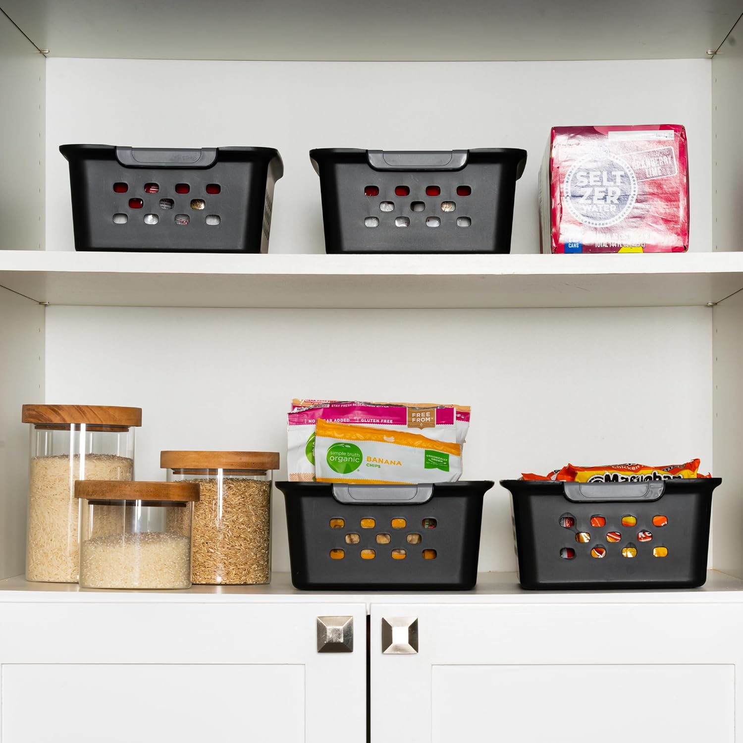 IRIS USA Plastic Storage Basket Bundle, Small - 12 Pack + Medium - 6 Pack, Shelf Basket Storage Organizer for Pantry, Cabinet, Bedroom, Closet, Laundry Room, Home Work Office, Craft Supplies, Black