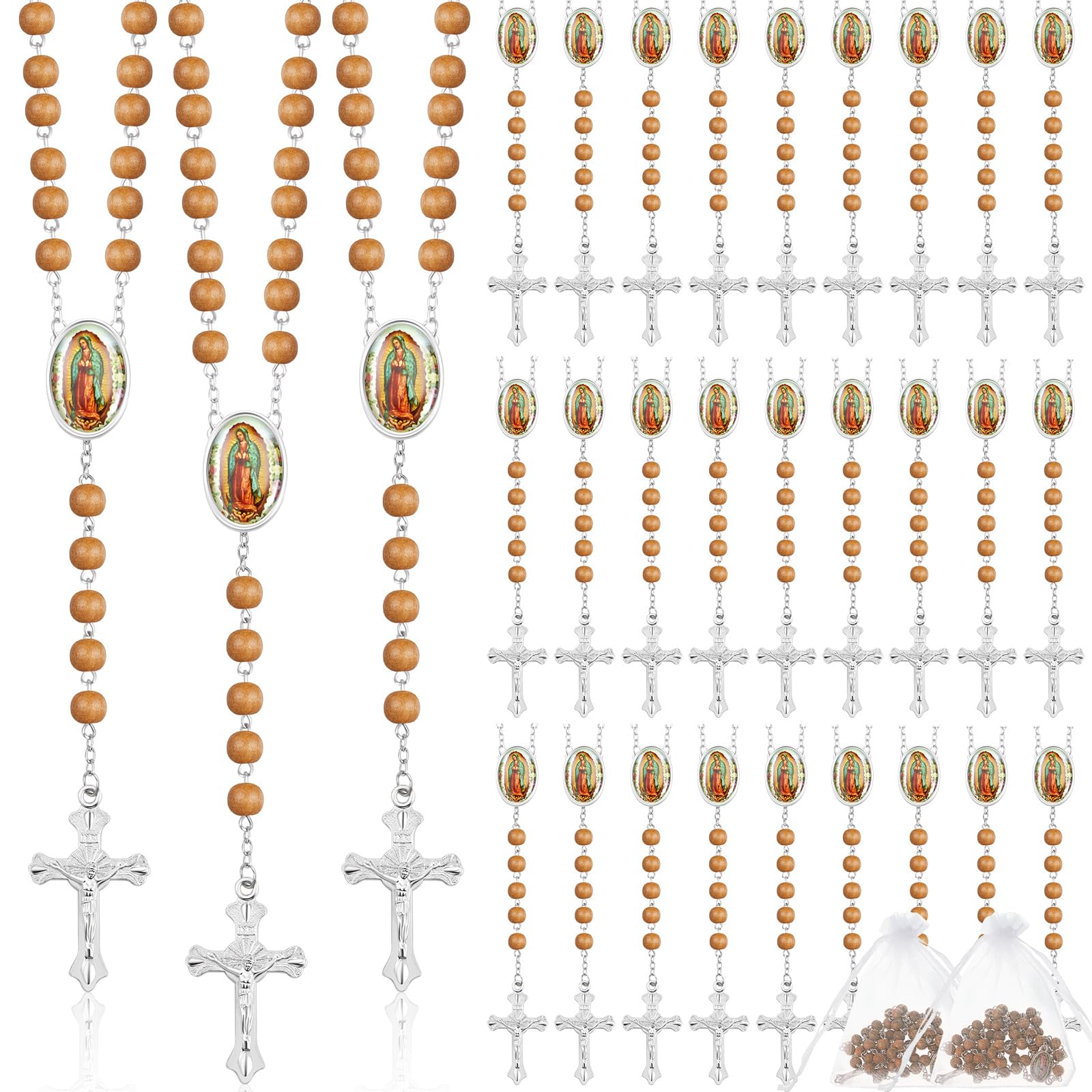 36 Pcs Wooden Bead Rosary Necklace with Crucifix and Our Lady of Guadalupe Scented First Communion Rosary with 36 Organza Bags Baptism Favors Catholic Gift for Men Women(Wood)