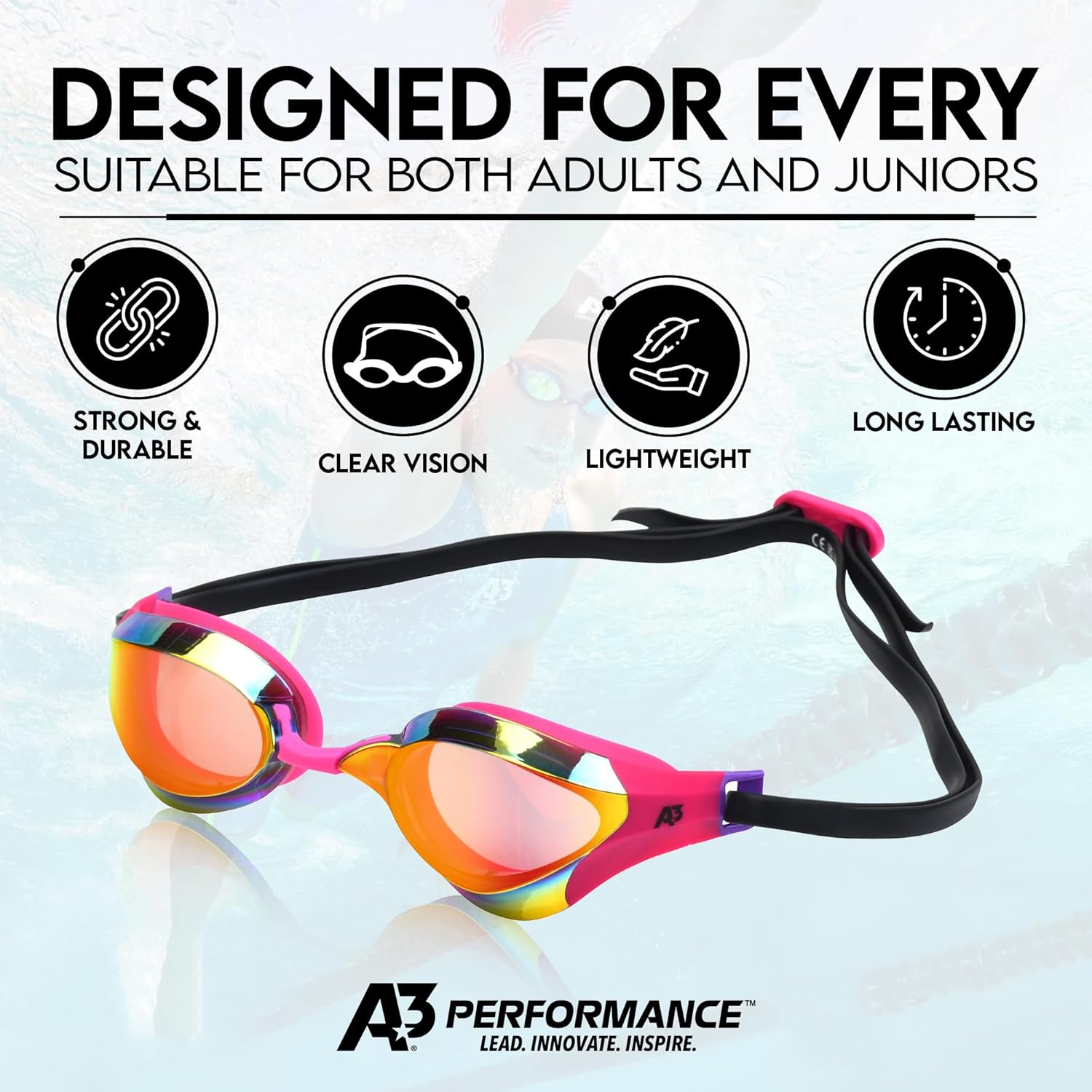 MATRIX Swim Goggles | Curved Metallized Anti-Fog Lenses | UV Protection | Comfortable Adjustable Straps