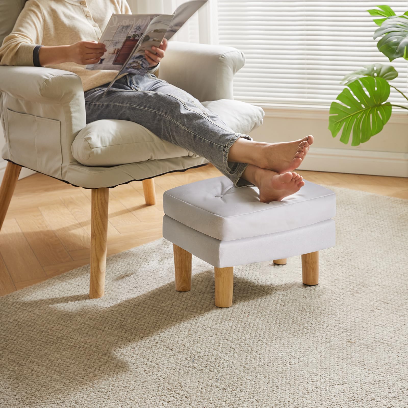 YMYNY Poggiapiedi, Pouf in Ecopelle, Superficie Morbida Rimovibile, Moderno e Sgabello per Camera da Letto, Soggiorno 41.5 x 31.5 x 32CM Grigio HBD041G