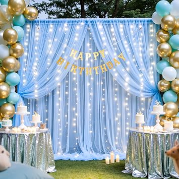 Baby Blue Sheer Tulle Backdrop Curtains with Lights String for Parties Baby Shower Decorations for Boy Bridal Shower Birthday Party Photo Shoot Background Wall Decorations 108ft(2 Panels 58ft)