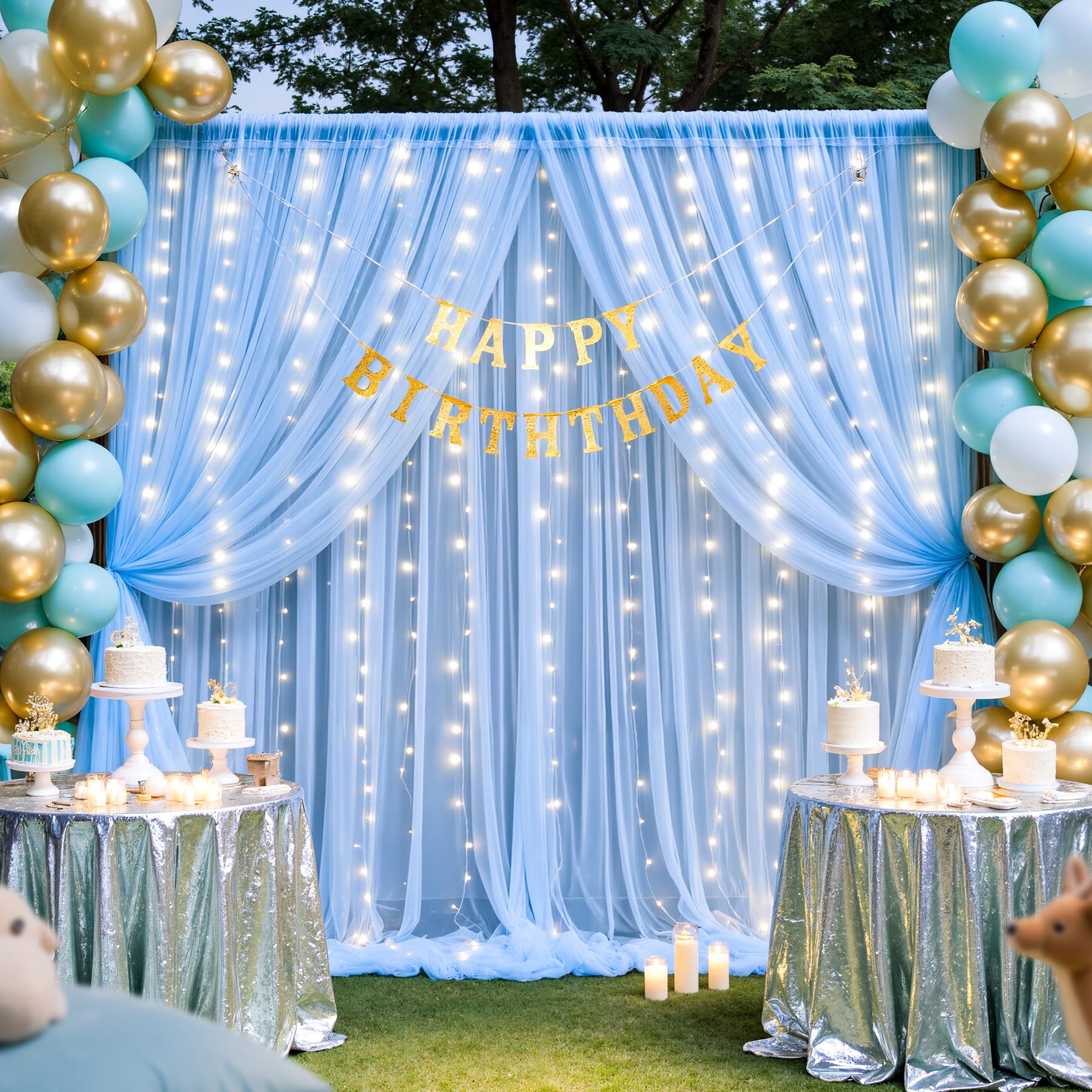 Lot de 2 Rideaux en Tulle Transparent avec Guirlande Lumineuse pour fête d'anniversaire, fête prénuptiale, décoration Murale Bleu Layette 1,5 x 3 m
