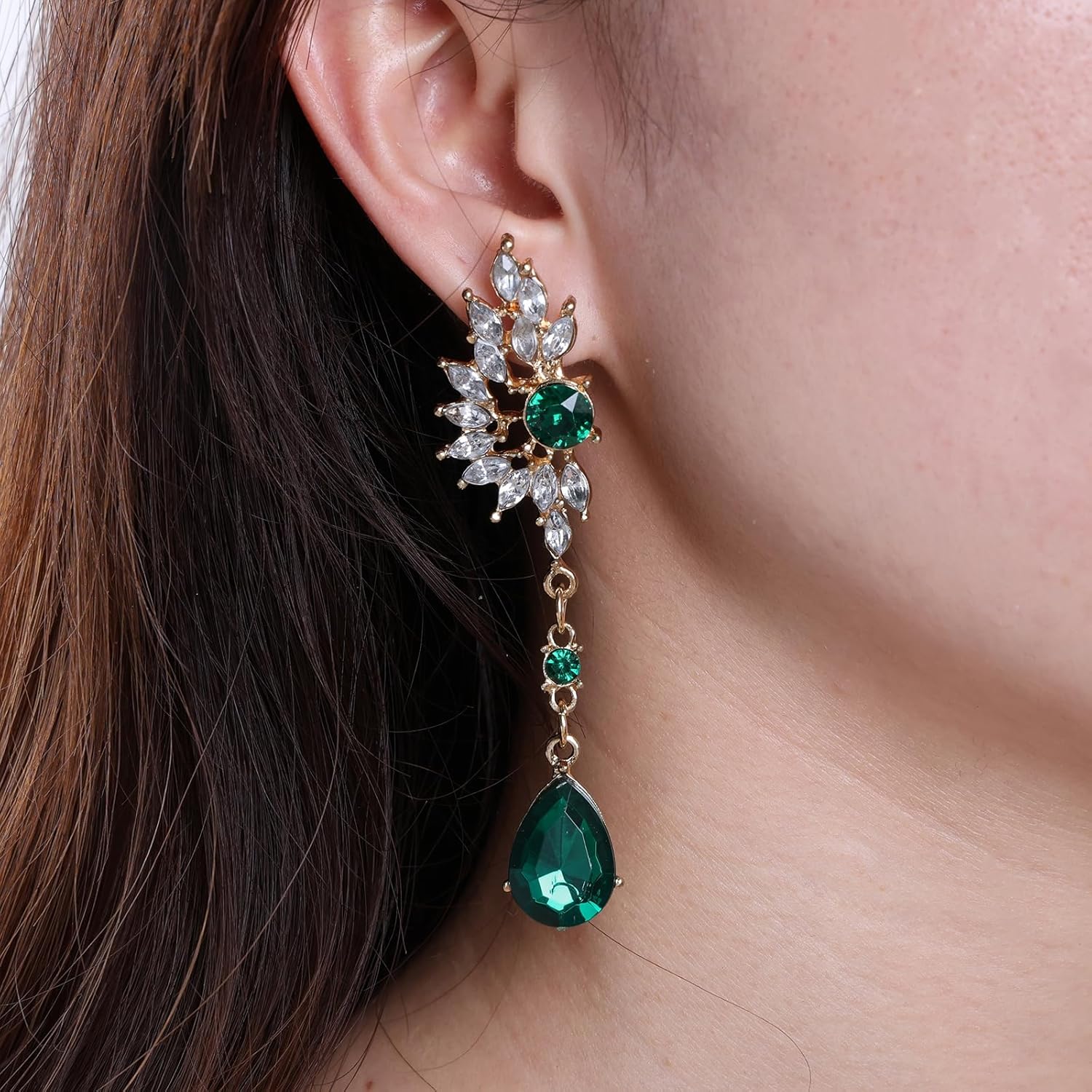 Teardrop Crystal Dangle Earring Rhinestone Chandelier Teardrop Earings Emerald Ruby Cluster Statement Earrings Diamond Wings Earrings Wedding Bridal Jewelry for Women - Image 2