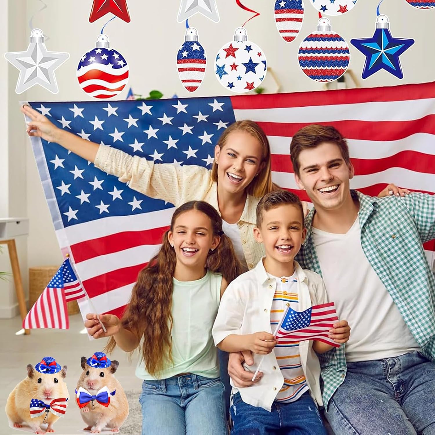 4PCS Independence Day Small Animal Costume Pet 4th of July Hamster Hat American Flag Bow Tie Collar Uncle Sam hat Patriotic Clothes for Bunny Lizard Ferret Sugar (Large, Stars & Stripes 4th July)