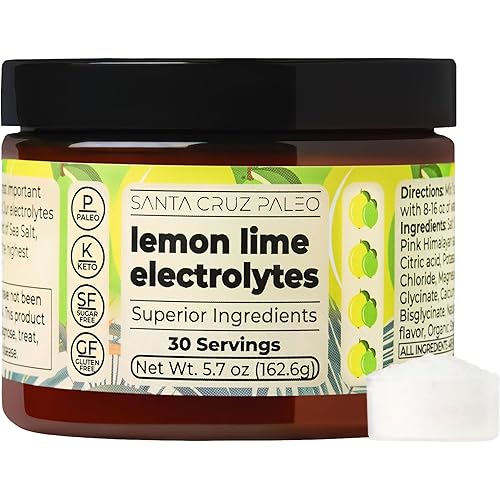 Santa Cruz Paleo Electrolyte Powder, Lemon Lime Flavor, Sugar Free Hydration Drink Mix with Himalayan Pink Salt, Sea Salt, Magnesium Glycinate, Potassium Chloride, Sweetened with Stevia, 30 Servings
