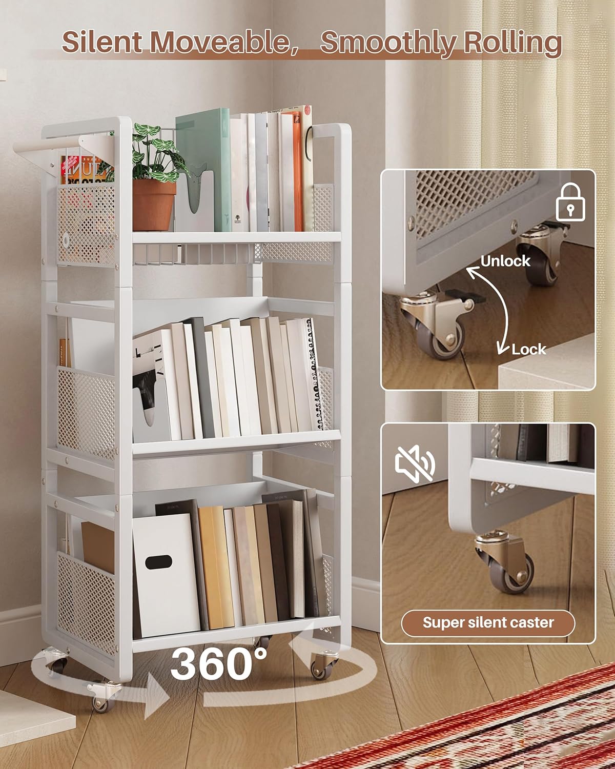 UMDONX Heavy-Duty Double-Sided Book Cart with Silent Wheels and 3 Magnetic Book Shelves, Rolling Book Shelf, Library Book Cart, Suitable for Home, Office, or School （White）