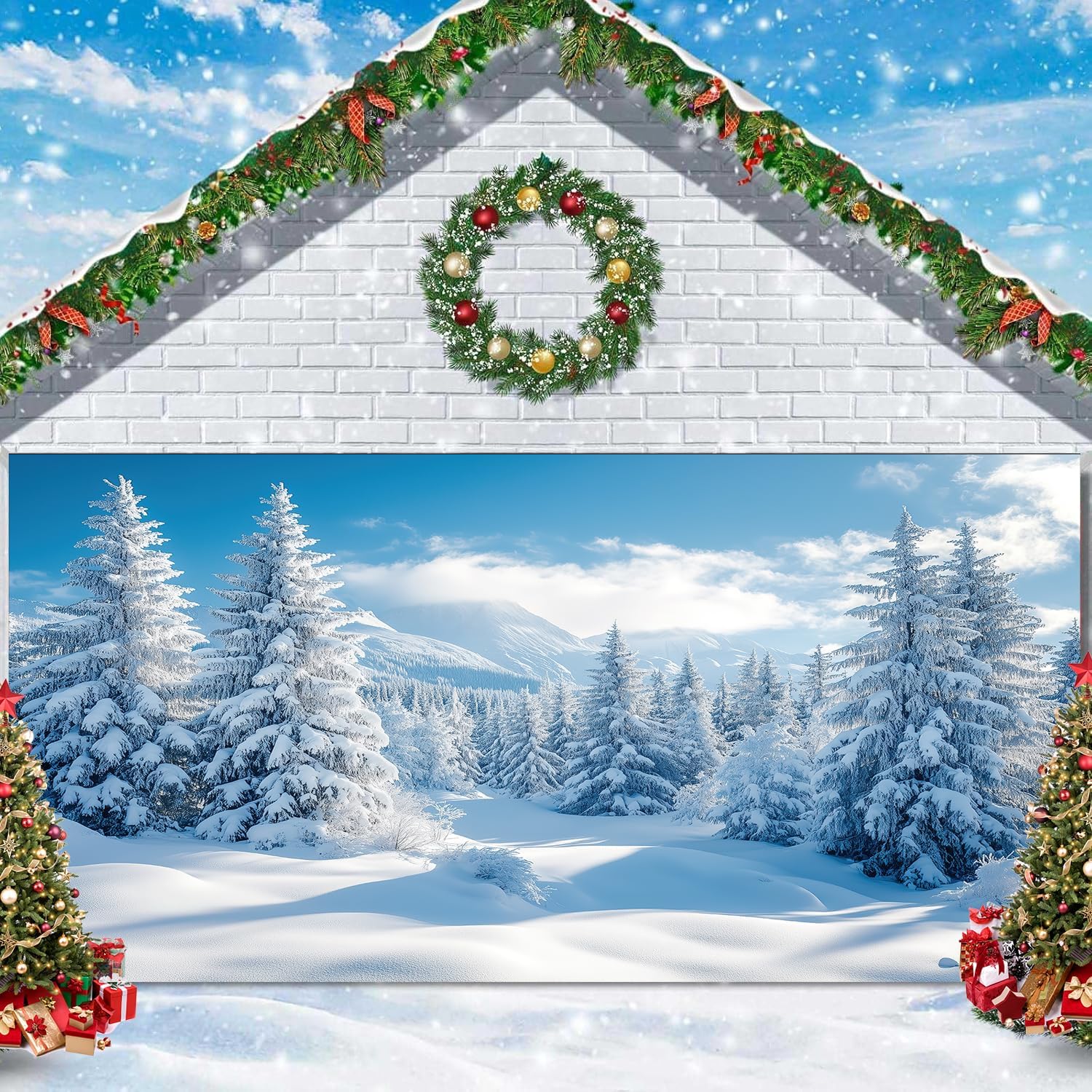 16X7ft Winter Snow Forest Garage Door Decoration Background White Xmas Trees Wintry Scene Alps Mountains Ice and Snow World Backdrop Christmas New Year Party Decorations Banner Cover