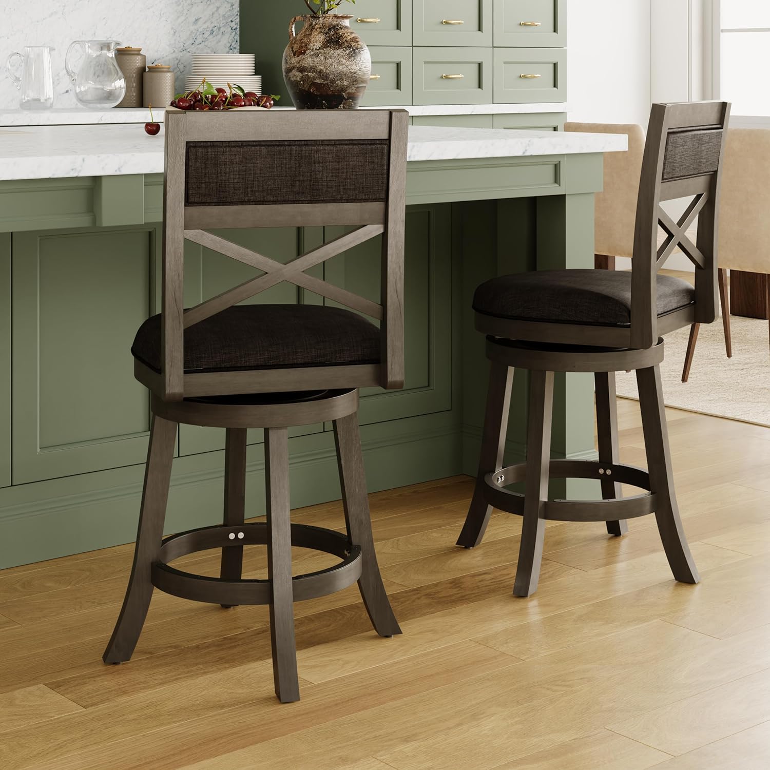 DTY Indoor Living Meeker 24 Inch Counter Height Bar Stools with Backs - Wooden Swivel Counter Stools for Kitchen Island - Charcoal Fabric Seat, Solid Wood Frame, Weathered Gray Finish
