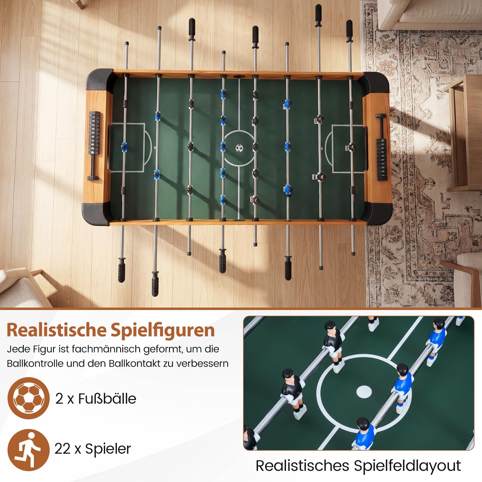 COSTWAY Tischkicker Kinder, Kickertisch mit 22 Spielern & 2 Bällen, Profi Tischfussball Komplett Set aus Holz, Fußballtisch für Kinder & Erwachsene, 119 x 108 x 79 cm