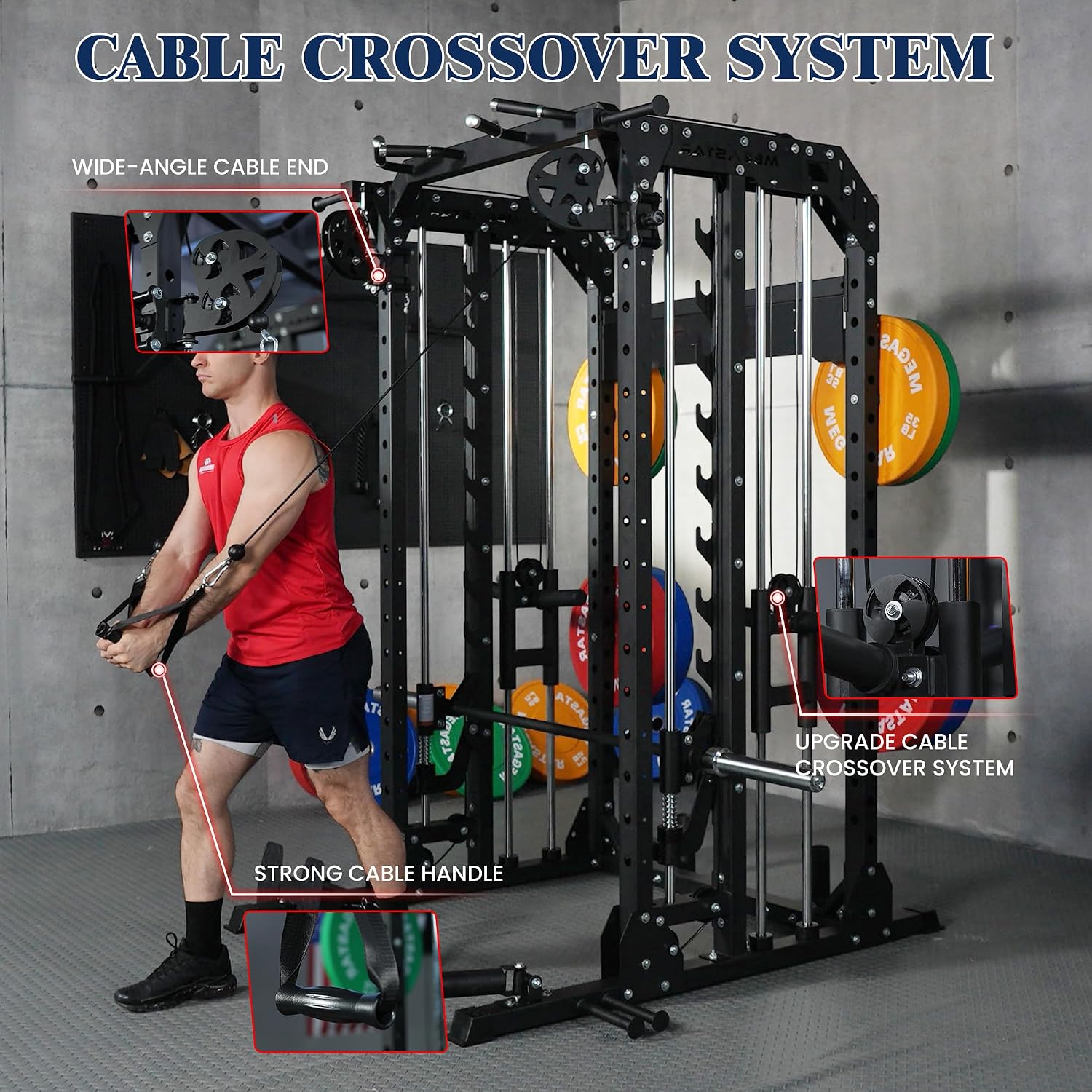 Smith Machine, 2600LBS Squat Rack, 7-in-1 Home Gym Cage with Adjustable Safety Bars, Pull-Up & LAT Pulldown
