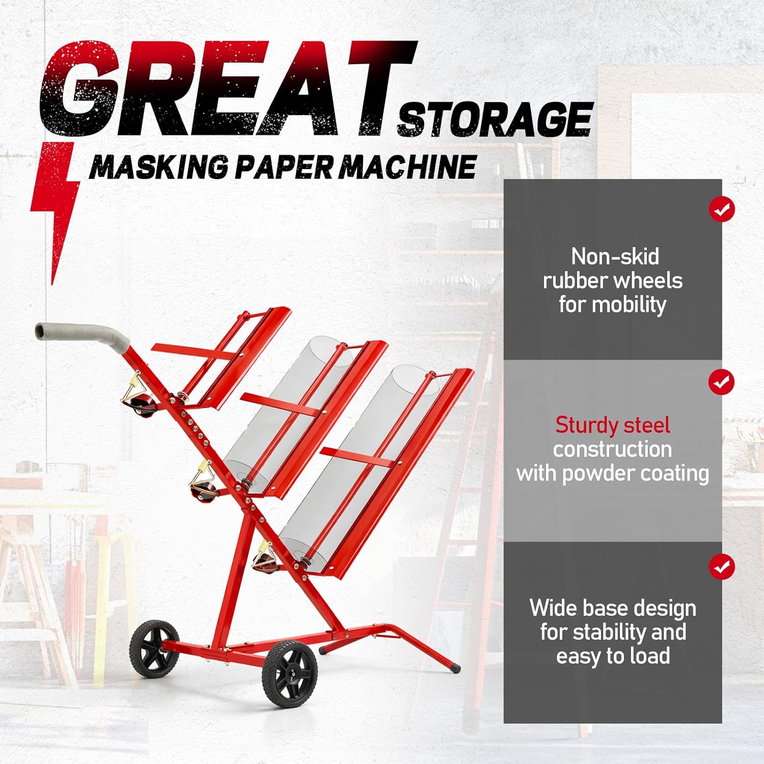 Triple Auto Body Masking Machine Masking Paper Machine Holds 12", 24" & 36" Masking Paper Rolls Red Steel+Plastic