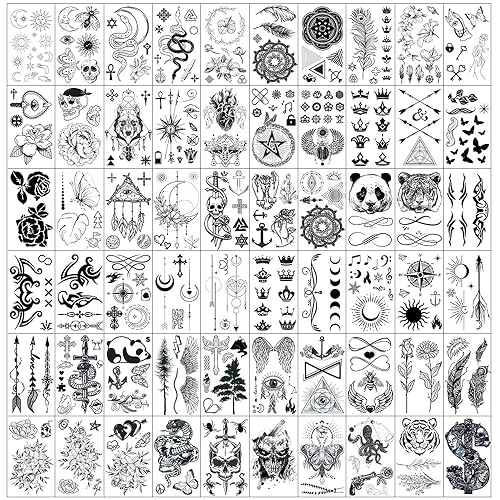 Esland 330 tatuajes temporales negros realistas para adultos 60 piezas de diseños de tatuaje de serpiente de esqueleto vintage coronas flechas sol