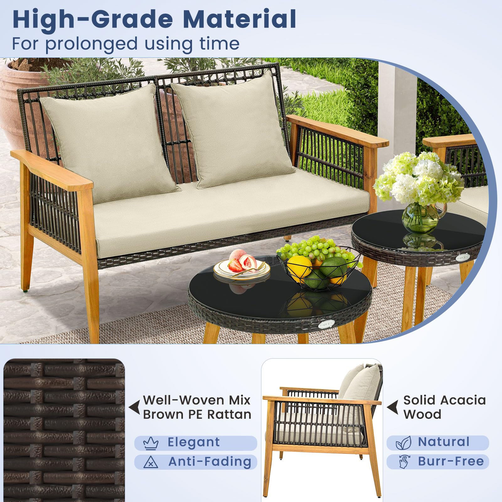 GIANTEX Gartenlounge Outdoor Möbelsets, 5-teiliges Rattan Gartenmöbel Set mit Akazienholzrahmen, Sitzgruppe für 4 Personen mit Sitzkissen, Balkonmöbel Kleiner Balkon, Terrassenmöbel Sitzgarnitur