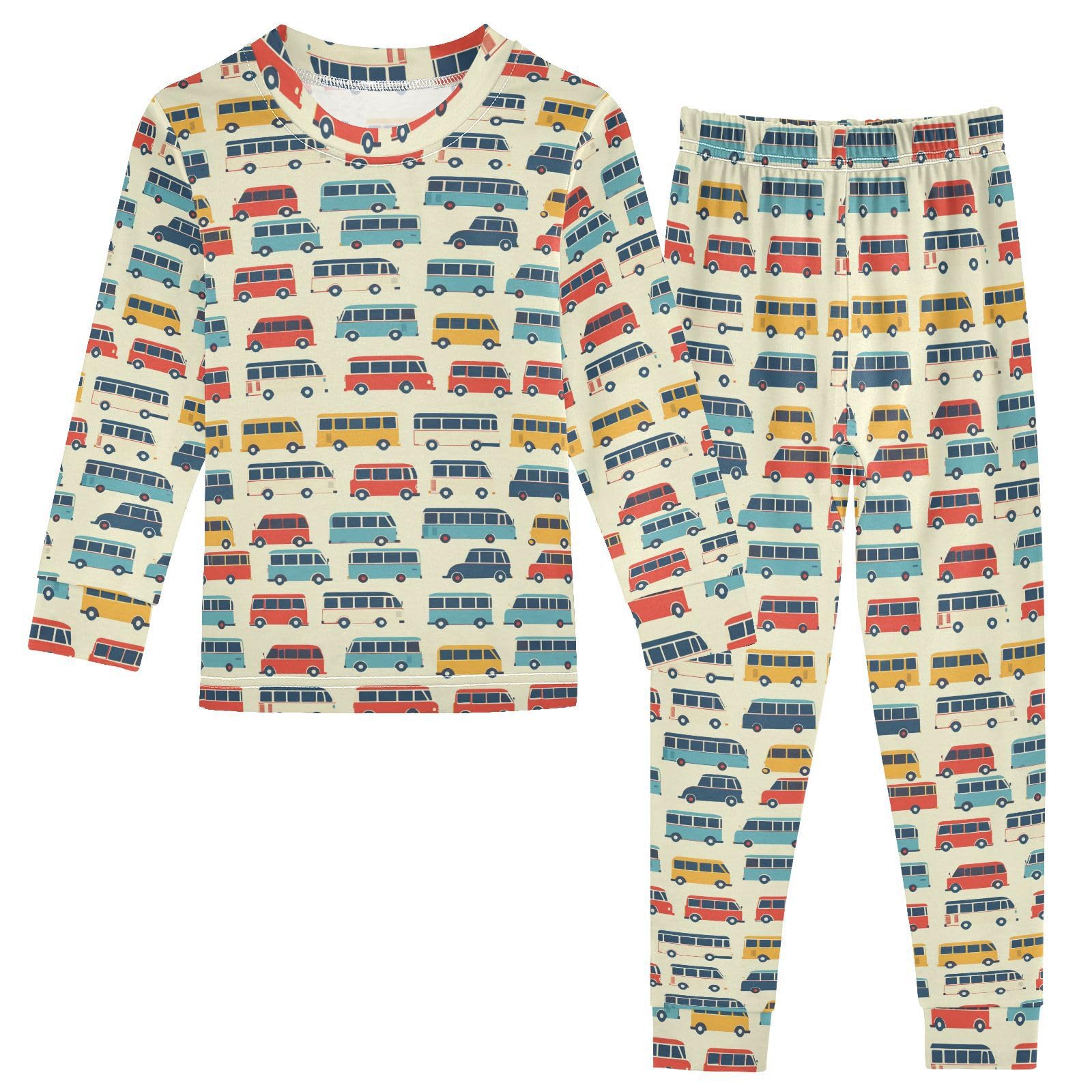 panksolu Cute Bus Cars Vehicle Cartoon Pajama Set Pijamas Long Sleeve Sleepwear Sets Multicolor