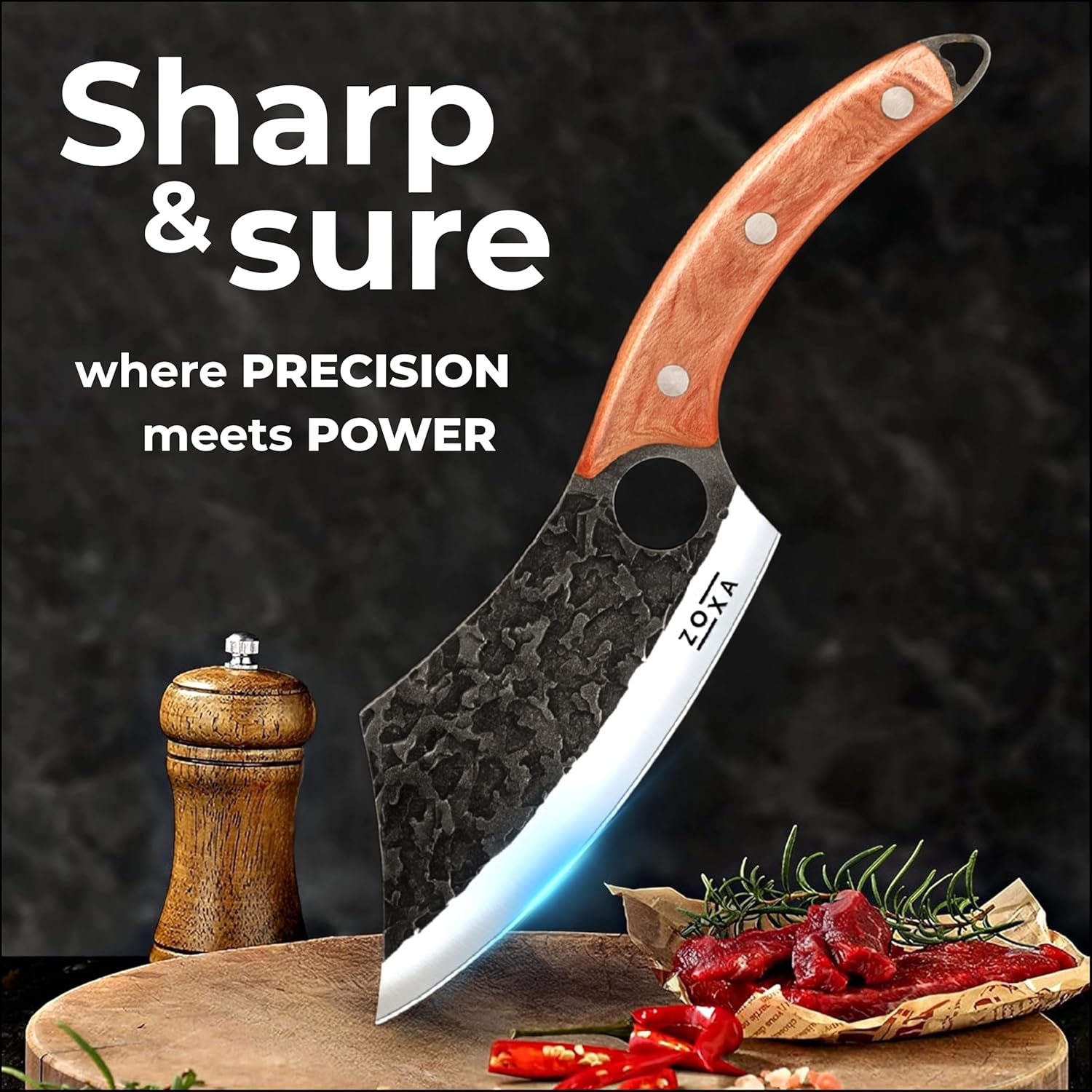 Hakai Chef Cleaver Knife – Full Tang High Carbon Stainless Steel Butcher Knife with Ergonomic Rosewood Handle & Leather Sheath – Sharp Meat Cutting Knife for Kitchen, Camping & BBQ