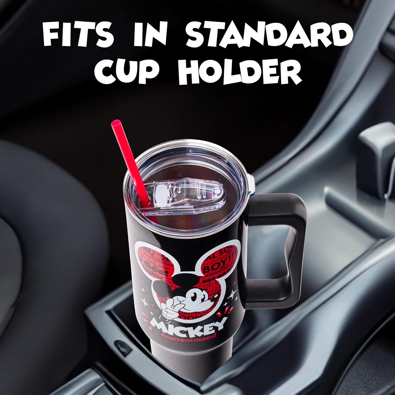 Silver Buffalo Disney Classic Mickey Mouse Hashtag Current Mood “#currentmood” Double Walled Stainless Steel Tumbler with Handle and Straw, Fits in Standard Cup Holder, 40 Ounces - Image 6