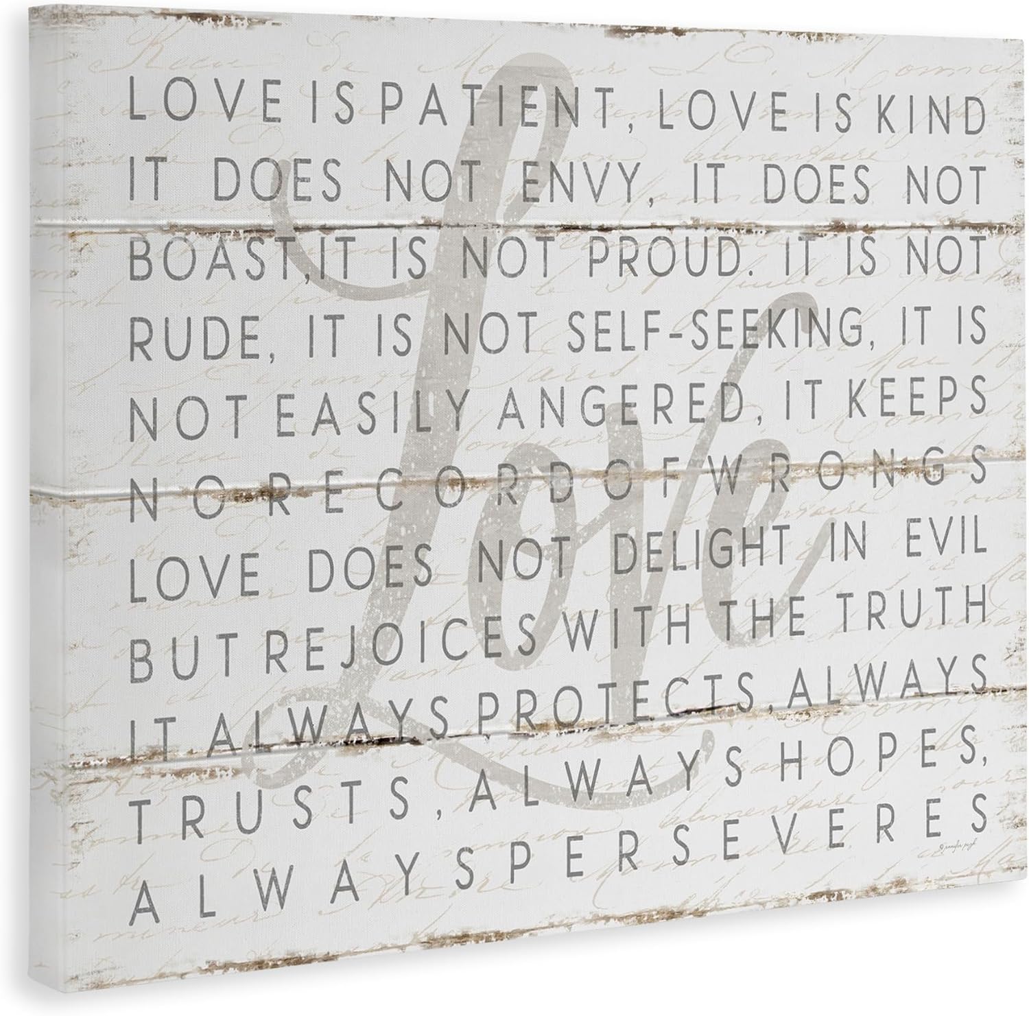 Stupell Industries 'Love Is Patient Grey on White Planked Look', Canvas Art, 30 x 24 Inches, Easy to Hang and Sturdy, Made in USA, by Jennifer Pugh