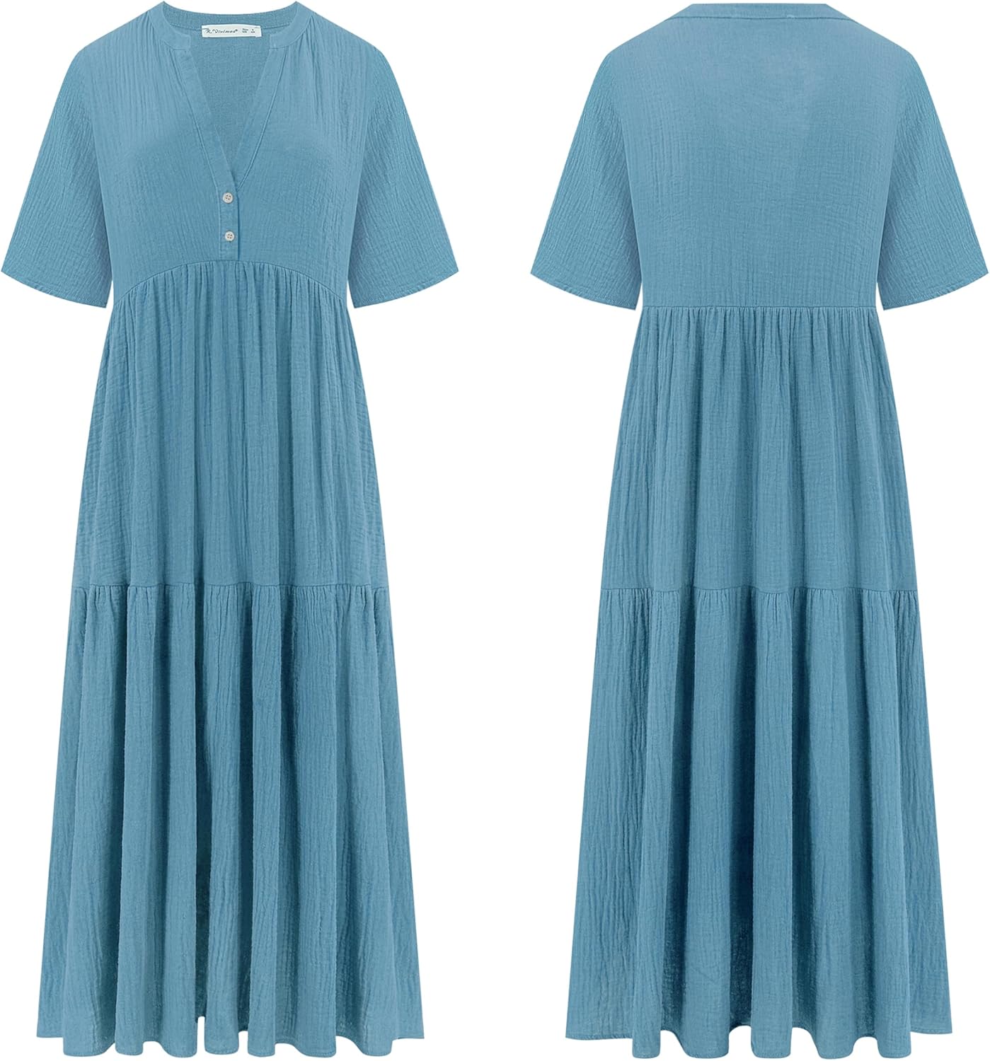 R.Vivimos Womens Summer Cotton Flowy Maxi Dress Short Sleeve V Neck Empire Waist Boho Tiered Ruffle Casual Loose Long Dresses - Image 4