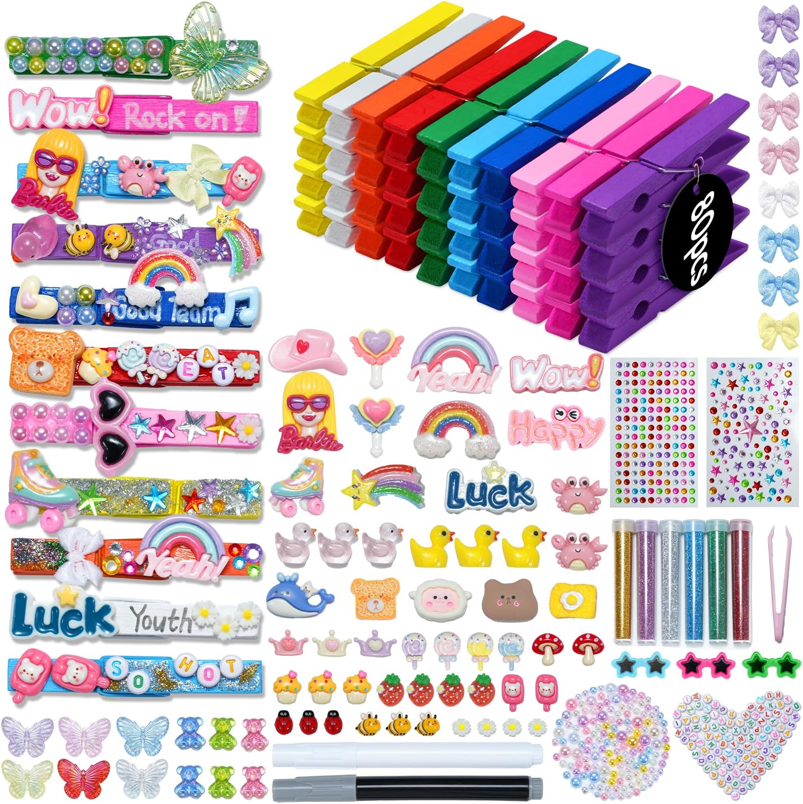 Cheer Pins, Sopito 80pcs Wooden Clothes Pins with 106pcs Charms & Other DIY Kits Accessories, Spirit Clips for Backpacks Decorations, Team Gift, School Bulk (2.9 Inch, Rainbow Colored)