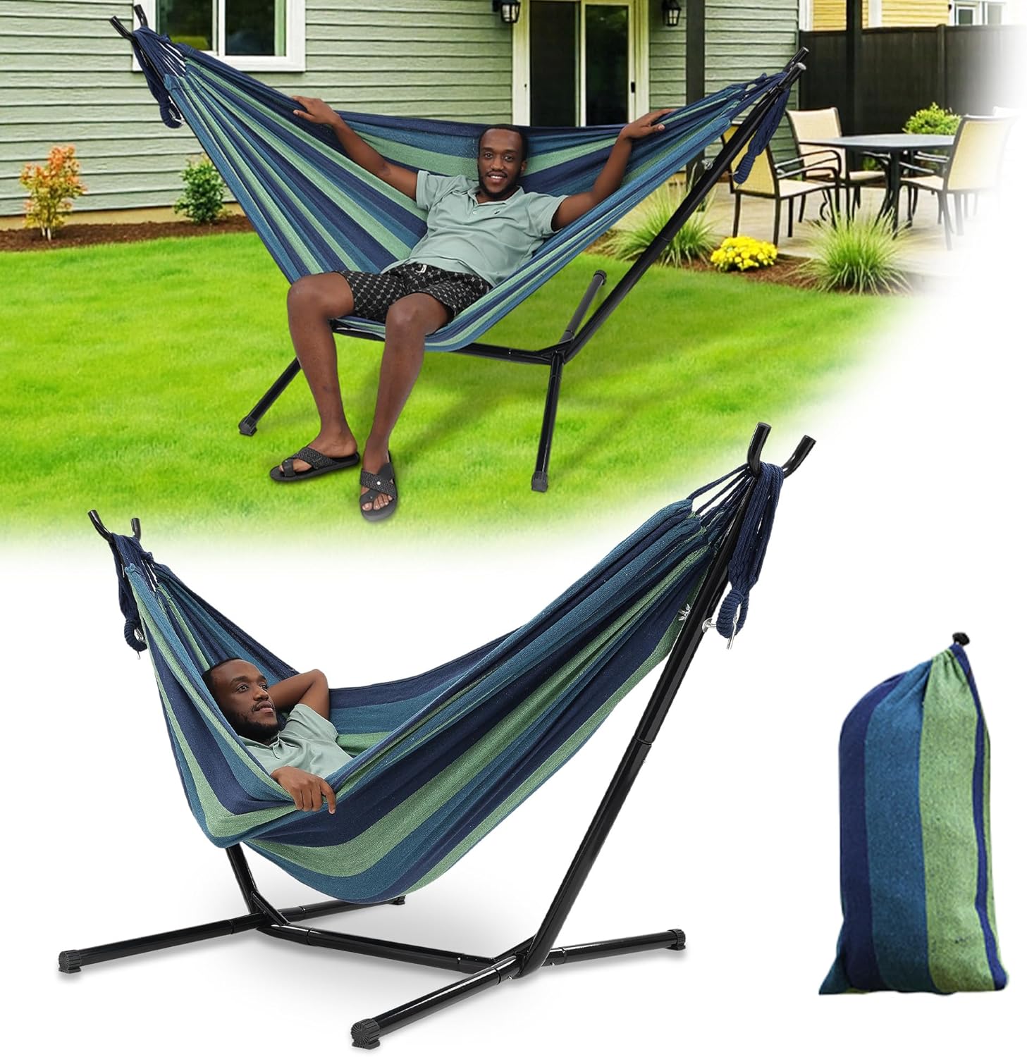 Hammock with Stand for Outside,600lb Weight Capacity 3-in-1 Adjustable Height Portable Hammock for Outdoor&Indoor Camping Backyard Bedroom(Hammock, Stand & Carry Bag) Blue