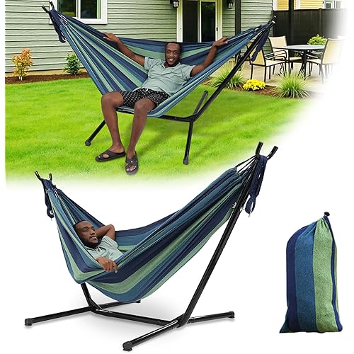 Hammock with Stand for Outside,600lb Weight Capacity Adjustable Height 3-in-1 Portable Hammock for Outdoor&Indoor Camping Backyard Bedroom(Hammock, Stand & Carry Bag)