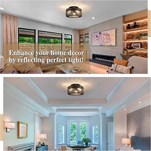 Miniatura 6 de Lámpara de ratán para montaje en techo, 3 luces de techo boho empotradas, lámpara de pantalla de jaula tejida a mano, lámpara de ratán rústico para