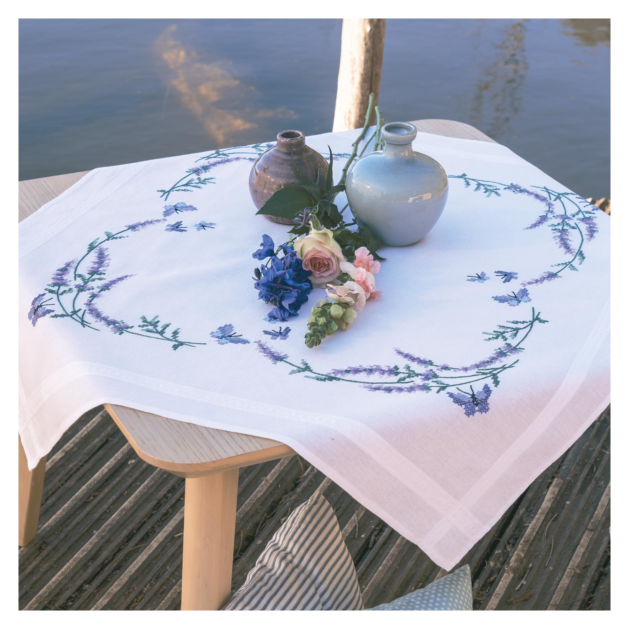 VERVACO Cross Stitch Embroidery Kits Tablecloth Lavender and Butterflies Embroidery Blankets Pre-Drawn Crafts Adults Creative Set Pre-Printed Blanket Embroidery 80 x 80 cm Embroidery Set DIY