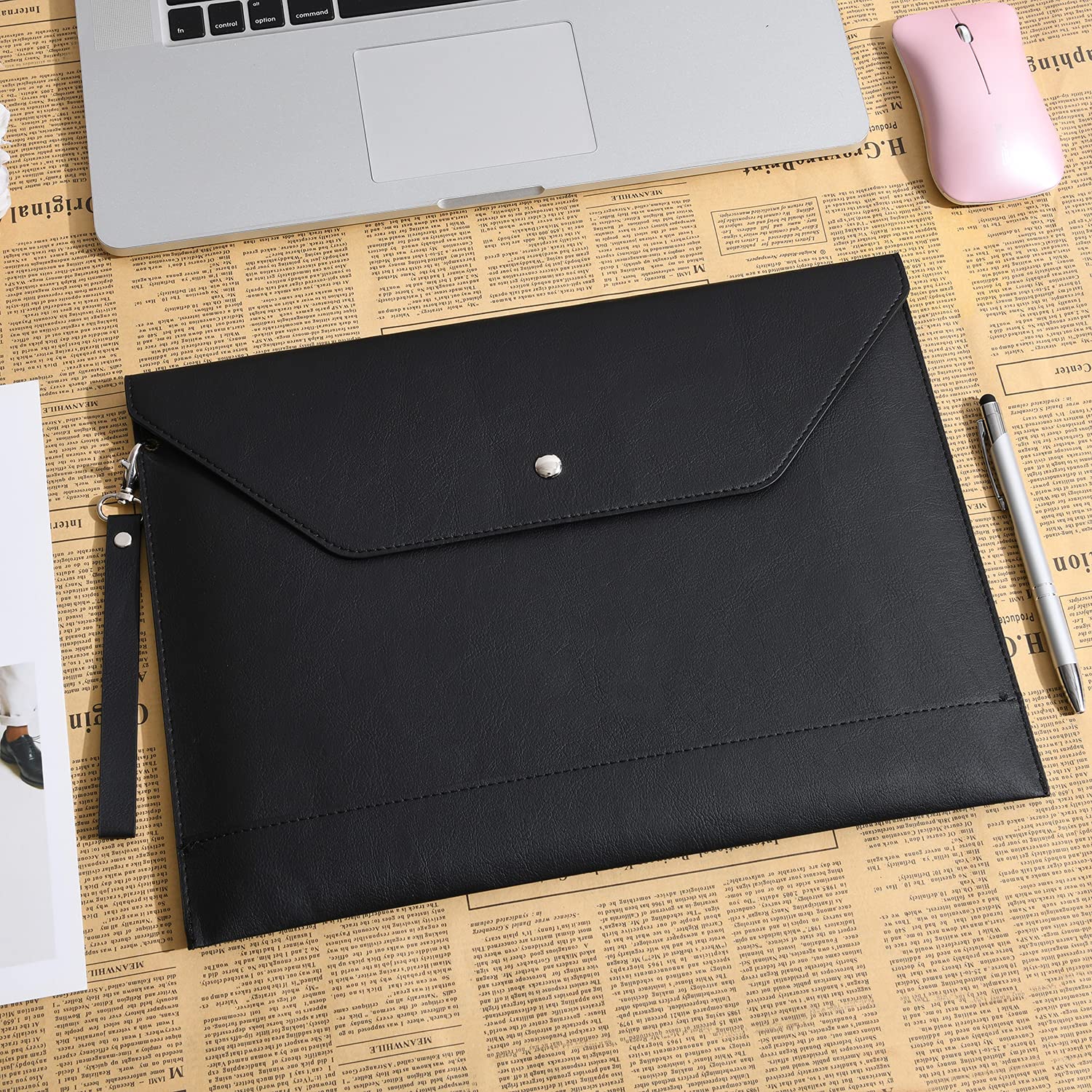 Wonderpool A4 Funda de PU Cuero Sobres Archivos con Bolsillos Internos Para Portadocumentos y Papelería Tableta PC Multifunción Organizador (Negro)