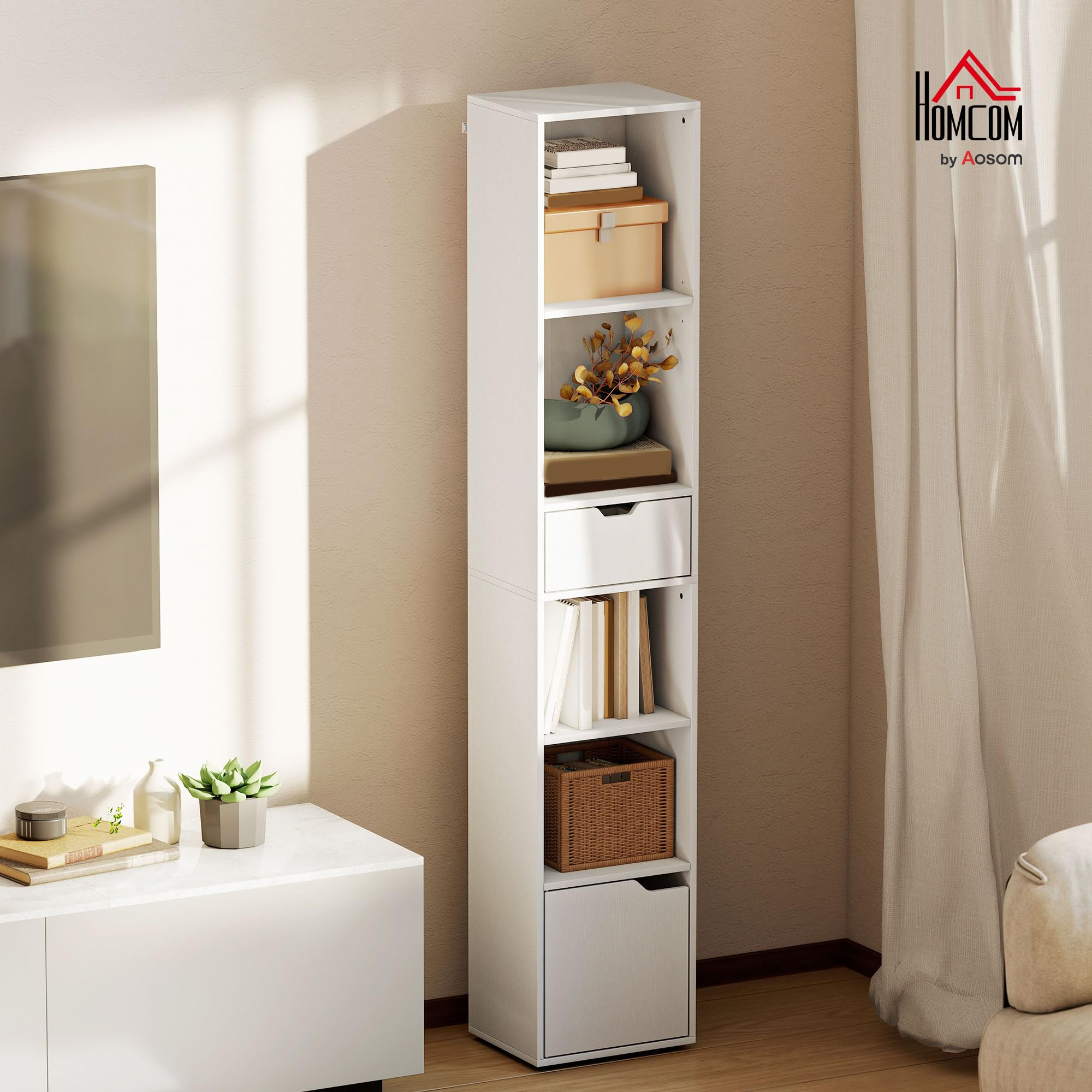 HOMCOM Libreria Scaffale a 6 Livelli con Armadietto 30x24x158 cm Bianco | Libreria Verticale Salvaspazio, Ripiano Regolabile, Cassetto, Soggiorno, Camera da Letto, Ufficio, Studio