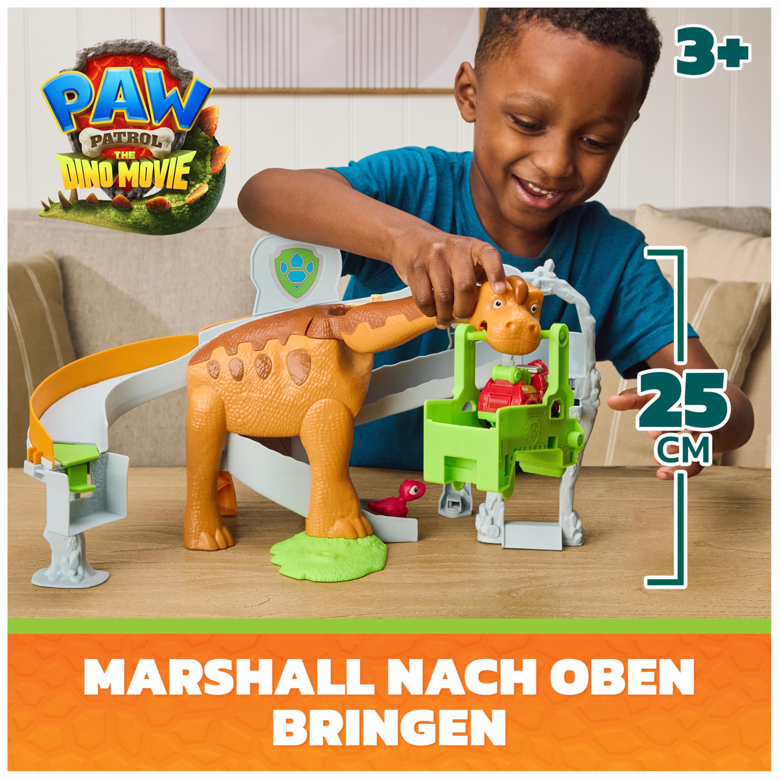 PAW PATROL: Der Dino Film, Pup Squad Lift & Race Dino Spielset mit Marshall Racer und Rhabarber-Figur, Spielzeug für Kinder ab 3 Jahren