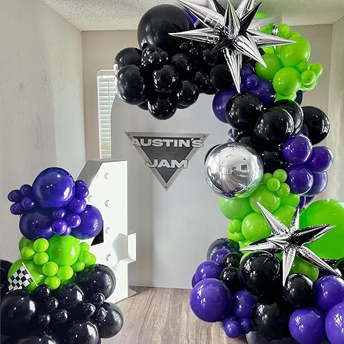 Kit de arco de globos con temática de camión monstruo, 140 globos de color negro, fruta, verde, morado oscuro, para niños, camiones, carreras,