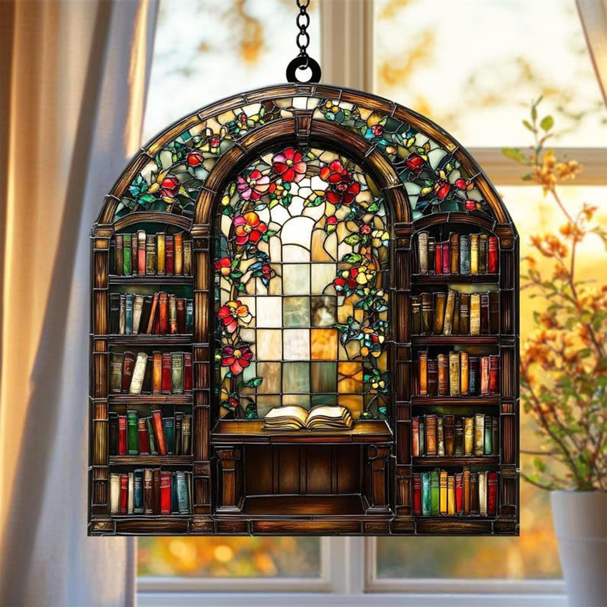 Book Lover Gifts - Acrylic Vintage Floral Bookshelf Hanging Ornament with Chain, 15x15cm Arch Window Decor for Home, Reading Room, Gift for Bookworms (1 Pack)