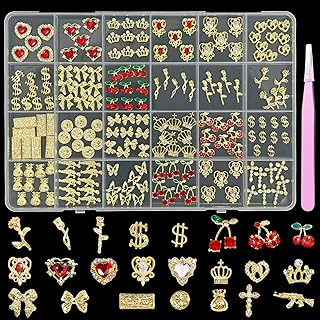 KINGNAME 200 PCS Gold Nail Charms Set with Hearts, Crowns, Cherries, Dollar Signs for Nail Art Decoration Jewelry