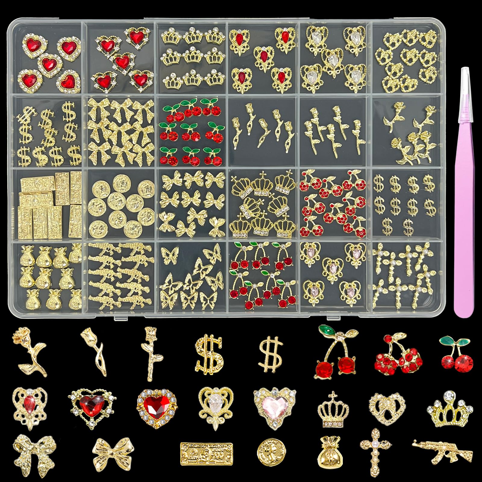 KINGNAME Zestaw 200 złotych zawieszek do paznokci z sercami, koronami, wiśniami, znakami dolara do zdobienia paznokci, biżuterii, 200 szt