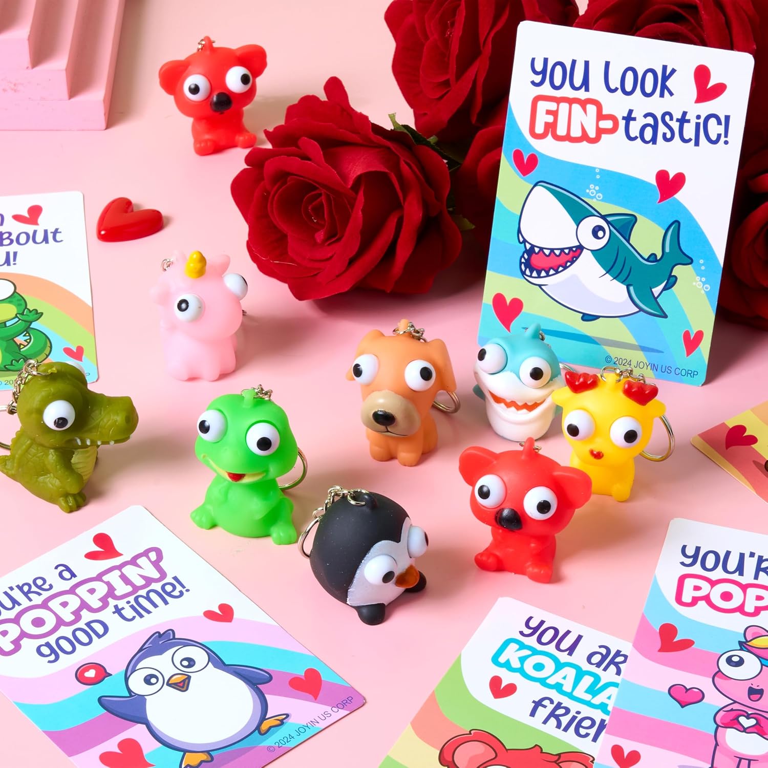 JOYIN 32 PCS Valentines Day Gift Cards with Animal Popping Eyes Keychains for Gifts Party Favor, Classroom Exchange Prizes, Valentine’s Greeting Cards