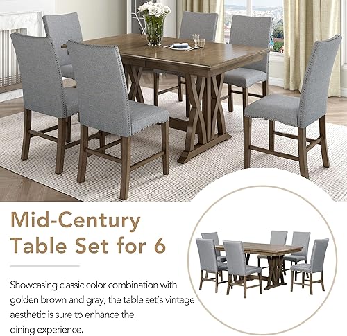 Miniatura 7 de Mid-Century - Juego de mesa de comedor de 7 piezas con mesa extensible y 6 sillas ergonómicas acolchadas, juego de comedor para 6, mesa de comedor