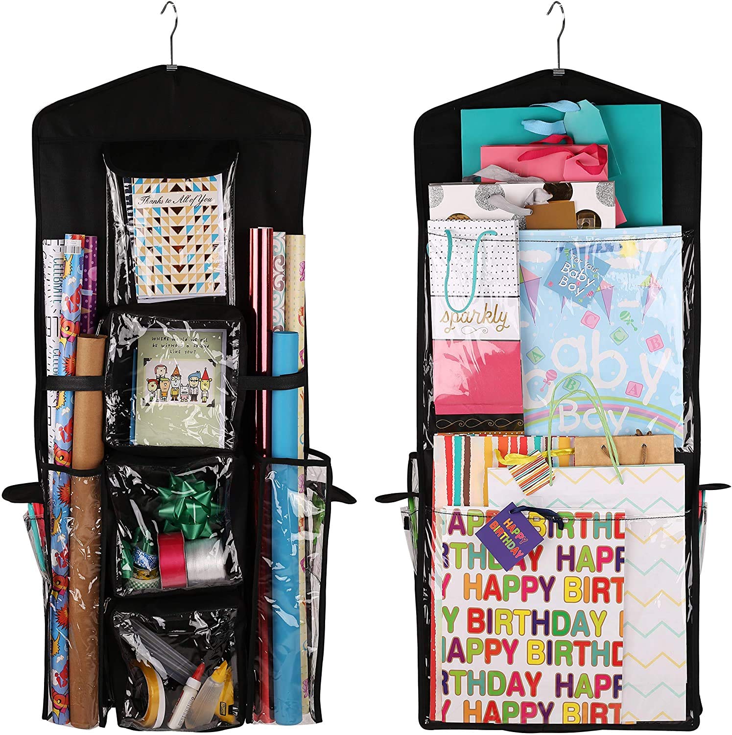 Organizer per buste regalo e carta regalo da appendere, double-face, con tasche multiple in PVC trasparente, 101,6 x 43,2 cm (nero)